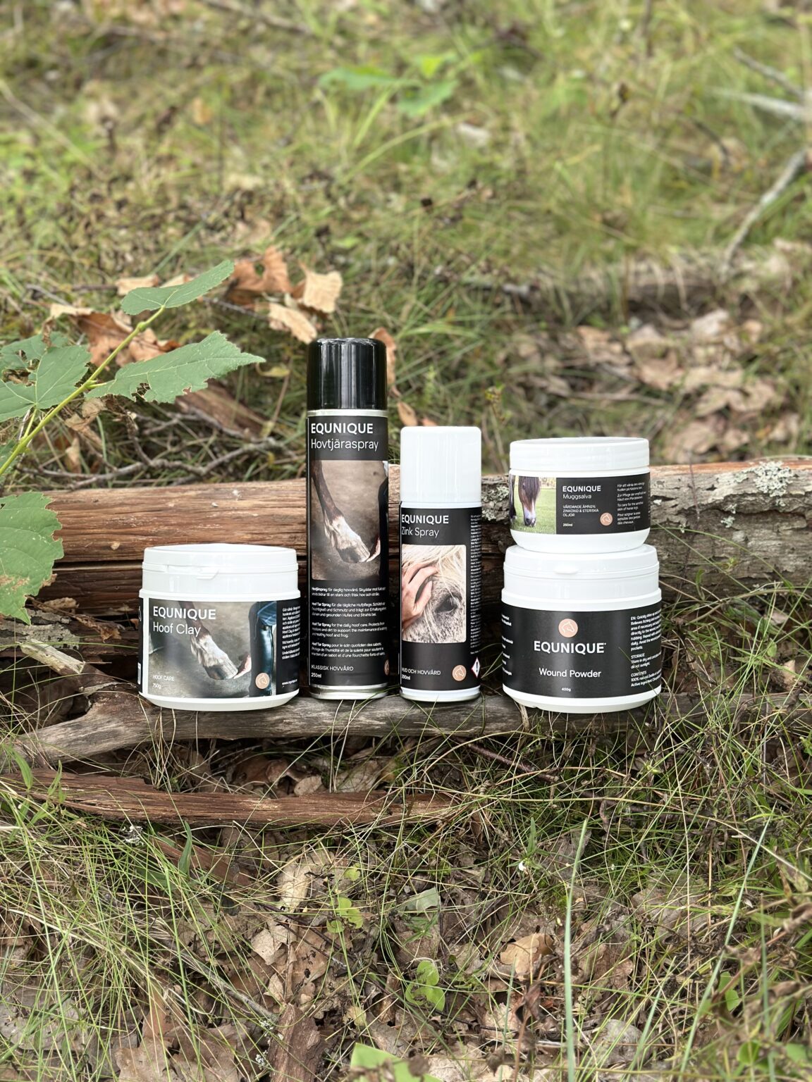 Productos EQUNIQUE dispuestos sobre un tronco en el bosque